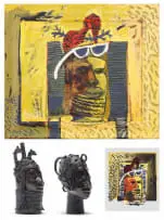 André Naudé, Couture Nouvelle Painting; Couture Nouvelle Print; Benin Head I; Benin Head II, four, oil on board in artist's hand-painted frame, colour screenprint on paper and bronze with a dark brown patina