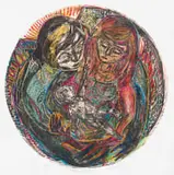 Anna Alcock, Guardian Angel, linocut on paper with hand colouring and embroidery on paper