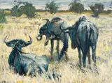 Drie Wildebeeste by Zakkie Eloff, oil on canvas, offered Jun 2024