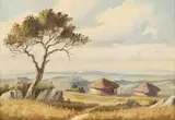 Christopher Tugwell, Landscape with Huts, oil on board