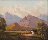 Mountain Landscape with Cottage by Tinus de Jongh, oil on canvas, offered Jun 2024