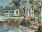 Sydney Carter, House with Bluegum Trees, watercolour on paper laid down on board