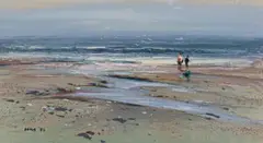 Mel Brigg, Beach Scene with Two Fishermen, oil on card
