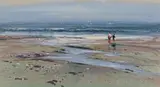 Mel Brigg, Beach Scene with Two Fishermen, oil on card