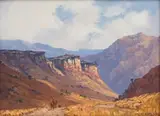 Mountain Landscape with Figures on Horseback by Willem Hermanus Coetzer, oil on canvas laid down on board, sold Jun 2024
