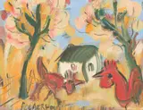 Two Roosters and a House by Frans Claerhout, oil on board, sold Jun 2024