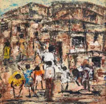 Joe Maseko, Township Scene, oil on board
