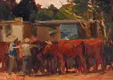 Herders with Cattle by Adriaan Boshoff, oil on board, offered Jun 2024