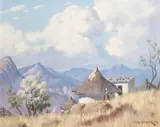 Huts and Mountains, Lesotho by Willem Hermanus Coetzer, oil on canvas laid down on board, offered Jun 2024