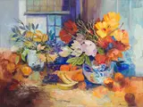 Margaret Gradwell, Still Life with Flowers and Fruit, oil on canvas