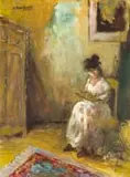 Alexander Rose-Innes, Woman Sitting in a Chair Reading, oil on canvas laid down on board