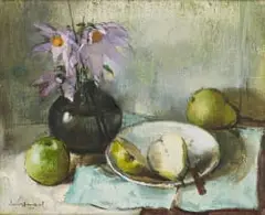 Irmin Henkel, Still Life with Purple Flowers, Pears and an Apple, oil on canvas