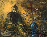Pieter Wenning, Still Life with Oriental Figure and Vase with Flowers, oil on canvas