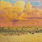 Stapelwolke, Volstruise en Rooibokke by Zakkie Eloff, oil on canvas, sold May 2024