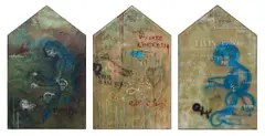 Graffiti Graveyard Wonderings, triptych by Judith Mason, oil on canvas laid down on board, sold May 2024