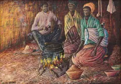 Helen Sebidi, Inside the Hut, Near Hammanskraal, N. Tvl., oil on board