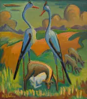Maggie Laubser, Two Blue Cranes and Sheep, oil on board