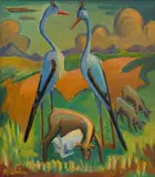 Maggie Laubser, Two Blue Cranes and Sheep, oil on board