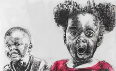 Bambo Sibiya, Two Children, watercolour and charcoal on canvas paper
