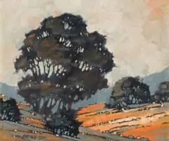Mel Brigg, Landscape with Trees, oil on board