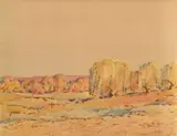 Walter Battiss, Landscape with Willow Trees, watercolour on paper laid down on board