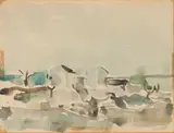 Wolf Kibel, Landscape with Houses, watercolour on paper laid down on board
