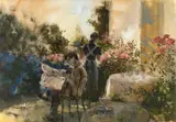 Garden Café by Mari Vermeulen-Breedt, charcoal and oil on paper, sold May 2024