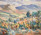 Hennie Niemann Snr, Landscape with Flowers and Mountains in the Distance