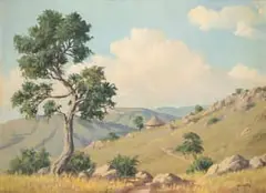 Giuseppe (Catty) Cattaruzza, Hut and Trees in a Valley, oil on canvas laid down on board
