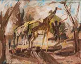 Two Giraffes by Zakkie Eloff, oil on board, sold May 2024