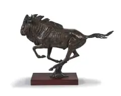 Arend Eloff, Galloping Wildebeest, bronze on a wooden base