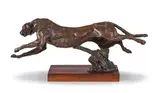 Arend Eloff, Leaping Cheetah, bronze with a brown patina on a wooden base