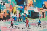 Eli Kobeli, Street Scene, mixed media on board