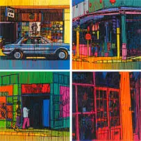 Paul Blomkamp, Chico's Take Aways; The Radium - Orange Grove; Maha Vij's - Troyeville; Melville (II), four, etching and relief print with hand-colouring in oil on paper