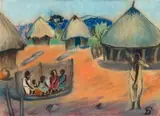 Pranas Domšaitis, Huts and Figures in a Landscape, pastel on paper