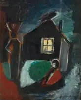 Pranas Domšaitis, Two Figures Outside a Hut (Recto); Standing Figure (Verso), oil on board