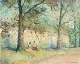 Christopher Tugwell, Two Figures beneath Trees, oil on board