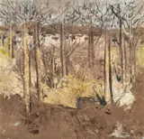 Gordon Vorster, Landscape with Trees and a Distant Herd of Wildebeest, oil on board