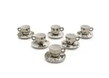 William Kentridge, Illy Cappuccino Cups and Saucers, six, ceramic cups with silver mirrored glaze; ceramic saucers with transfer illustration