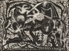 Azaria Mbatha, Nebcadnezzar, linocut on onion skin paper