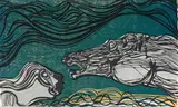 Woltemade Rescues Two Sailors, from White Monday Disaster by Cecil Skotnes, colour woodcut on paper, sold Apr 2024