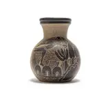 Lindunusa Mabaso, Vase with Figure and Huts, painted and incised stoneware