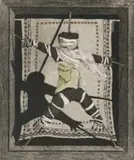 Pippa Skotnes, Untitled (Figure Suspended in Box), hand-coloured etching on paper