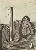Untitled (Landscape with Figure) by Cecil Skotnes, colour woodcut on paper, offered Apr 2024
