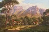 Landscape with Cottages and Distant Mountains by Tinus de Jongh, oil on canvas, sold Apr 2024