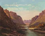River through a Mountain Landscape by Tinus de Jongh, oil on canvas laid down on board, sold Apr 2024