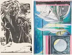 Armando Baldinelli, Nude Figure; Abstract Figure, two, woodcut on paper and colour screenprint with hand painting on paper