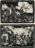 Gregoire Boonzaier, Cottage with Figure; Street Scene with Figures, two, linocut on paper