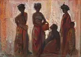 Four Women and a Child by Titta Fasciotti, oil on canvas laid down on board, sold Apr 2024