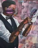 Lutanda Zemba Luzamba, Waiter Cleaning Wine Glass, mixed media and collage on wood panel